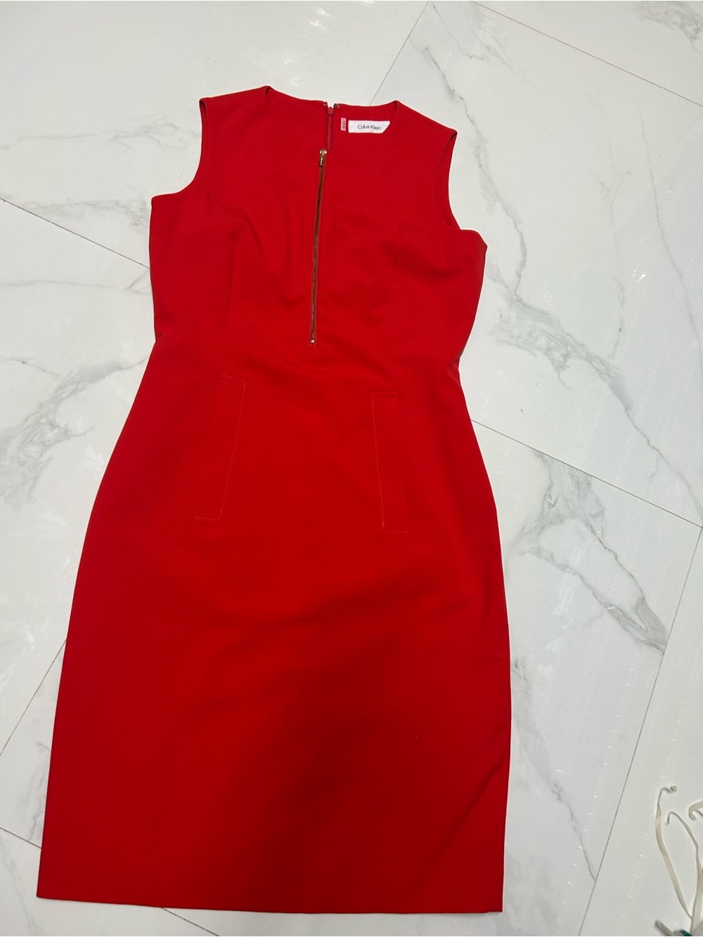 Calvin Klein Red Sleeveless Midi Sheath Dress with Center Zip